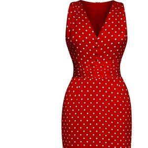 Pinup Red 1960’s Dots V-neck Pencil Dress (L)- NWOT